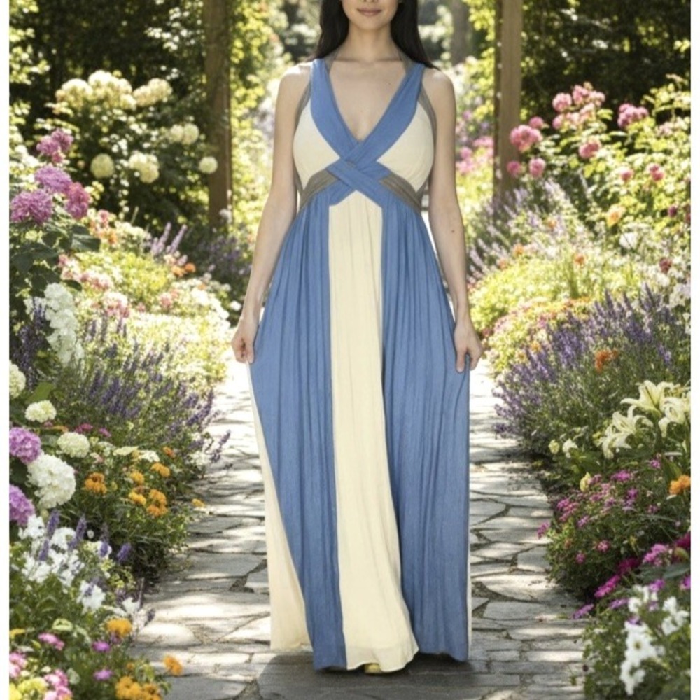 Ryu Grecian Goddess Maxi Dress Size M Dusty Blueβ Empire Waist Drapped Ruching